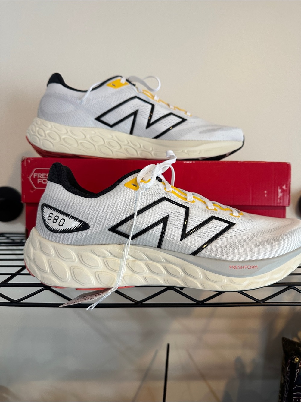 New Balance White Running Sneakers with Black N and Yellow Accents
